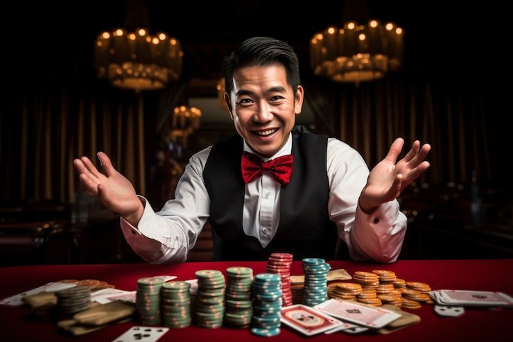 Dealer langsung di studio live casino dengan multi-kamera HD